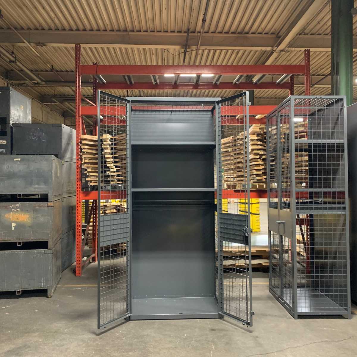 black mesh storage locker with open door