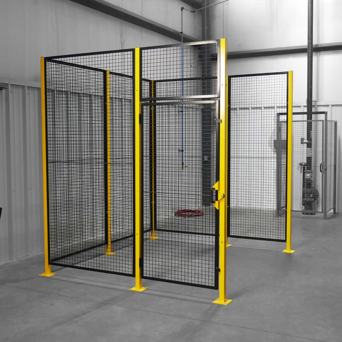 black wire mesh panels with yellow posts