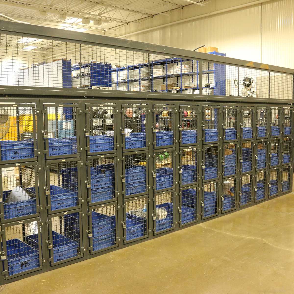 wire mesh storage lockers with bins inside